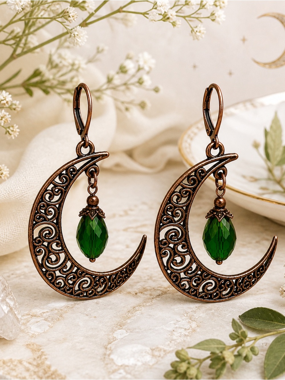 Vintage inspired Antique Copper Crescent Moon Earrings Green Drop Boho Celestial